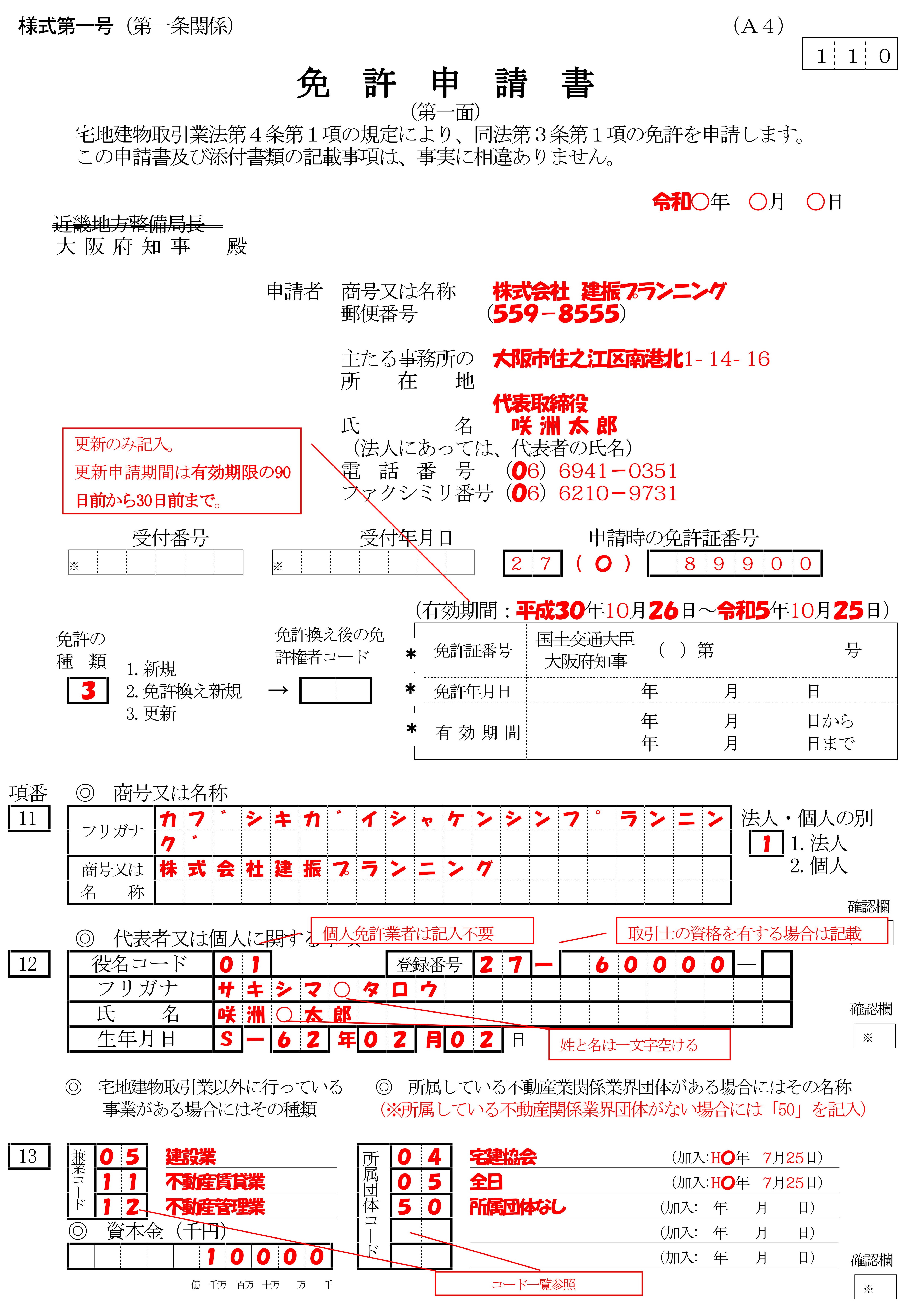 prez  取引進行ページ 宅建業免許新規申請時に必要な書類および記載例